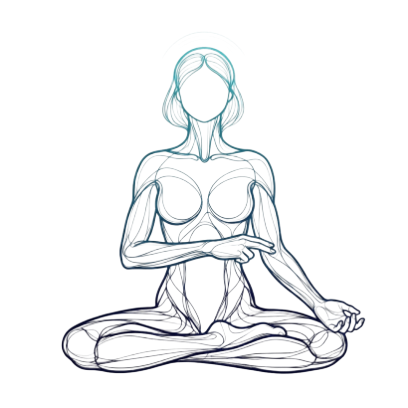 Continuous-line anatomical illustration of a woman in lotus pose with hands resting in her lap, soft teal halo radiating from the crown of her head — the visual signature of Element Align's mechanical, body-first regulation system